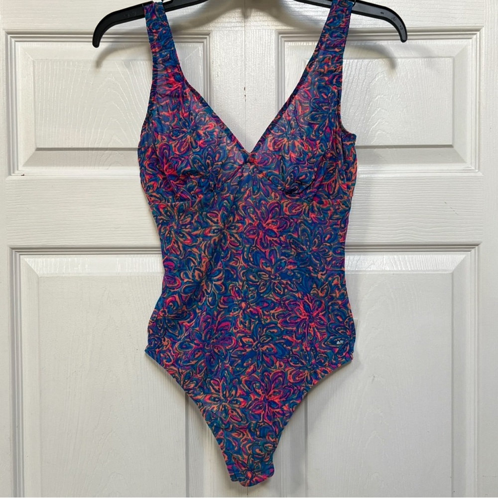 Y2K SOLAR One Piece Mesh Swimsuit Size 10 Multicolor Sheer See-Through Vintage